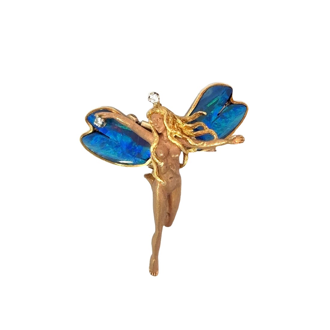 Black Opal & Diamond Nymph Fairy Pendant / Pin 18K Yellow Gold: Exquisite split faced natural "Lightening Ridge" black opals adorn this stunning handcrafted Nymph Fairy pendant, which can also be worn as pendant and or brooch.*Does not include chain • Two dia