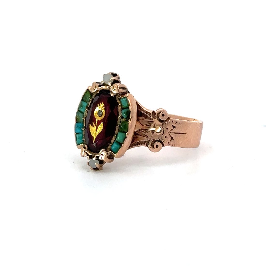 Antique Georgian Diamond, Garnet and Turquoise Thistle Ring - 14K (1 of 3)