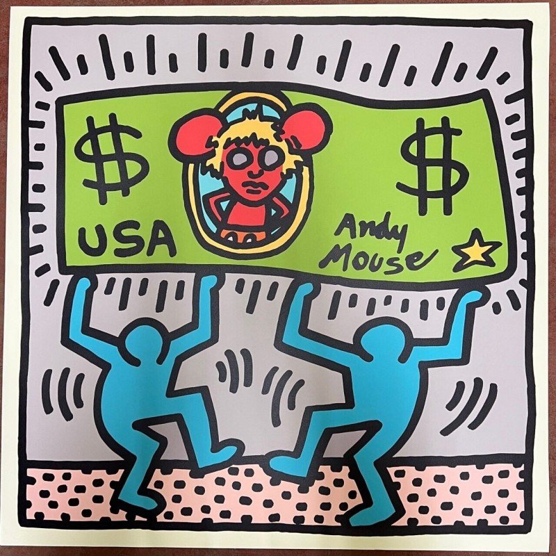 Keith Haring Andy Mouse Screenprint 100 x 100 cm No Signature No Numbering Rupert: Keith Haring 1958 - 1990Title Andy MouseUnsigned and unnumbered workYear 1986Color silkscreen on Lenox Museum BoardDimensions approximately 100x100cmRupert James Smith stampVery good condition