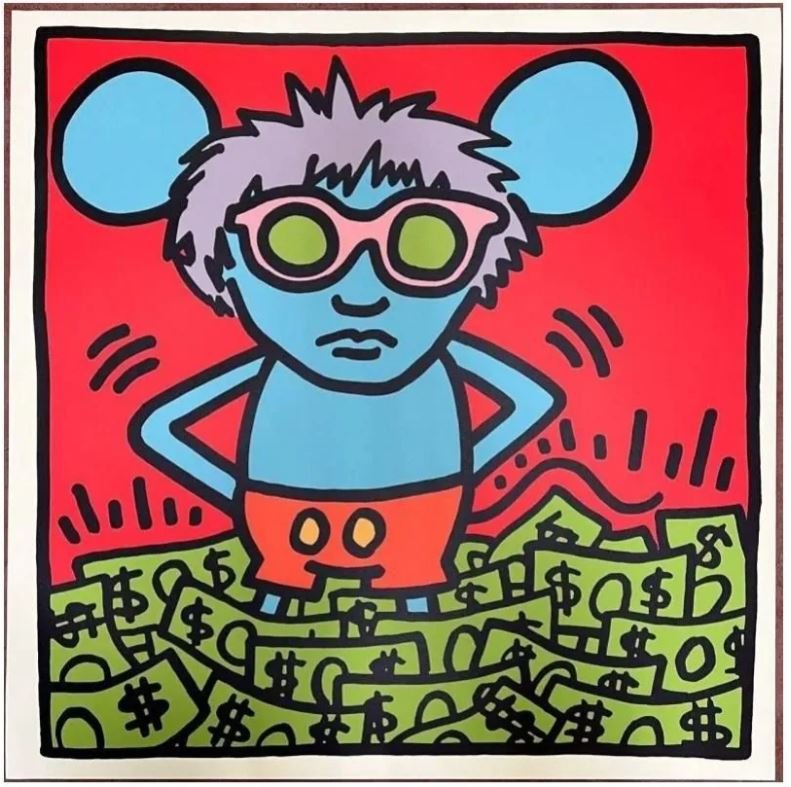Keith Haring Andy Mouse Screenprint 100 x 100 cm No Signature No Numbering Rupert: Keith Haring 1958 - 1990Title Andy MouseUnsigned and unnumbered workYear 1986Color silkscreen on Lenox Museum BoardDimensions approximately 100x100cmRupert James Smith stampVe
