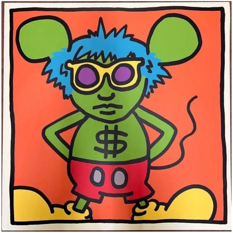 Keith Haring Andy Mouse Screenprint 100 x 100 cm No Signature No Numbering Rupert: Keith Haring 1958 - 1990Title Andy MouseUnsigned and unnumbered workYear 1986Color silkscreen on Lenox Museum BoardDimensions approximately 100x100cmRupert James Smith stampVe