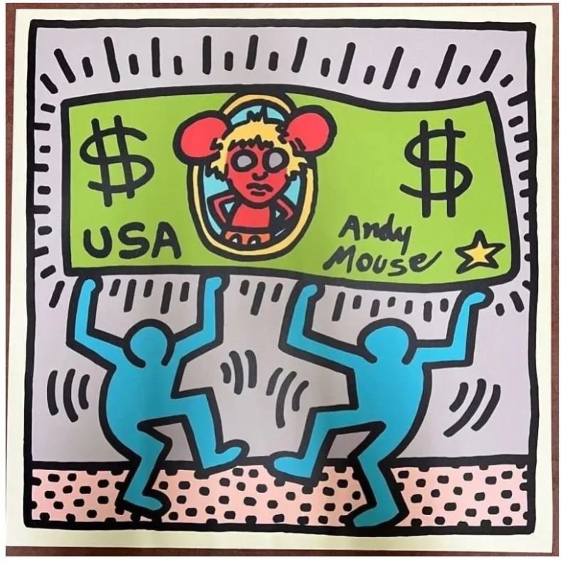 Keith Haring Andy Mouse Screenprint 100 x 100 cm No Signature No Numbering Rupert: Keith Haring 1958 - 1990Title Andy MouseUnsigned and unnumbered workYear 1986Color silkscreen on Lenox Museum BoardDimensions approximately 100x100cmRupert James Smith stampVe