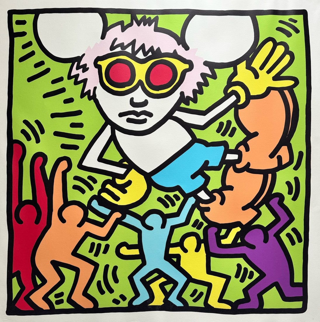 Keith Haring 1958 - 1990 Title Andy Mouse Unsigned and unnumbered work Year 1986: Keith Haring 1958 - 1990Title Andy Mouse Unsigned and unnumbered work Year 1986 Color silkscreen on Lenox Museum Board Dimensions approximately 100x100 cm Rupert James Smith stamp Very good condition