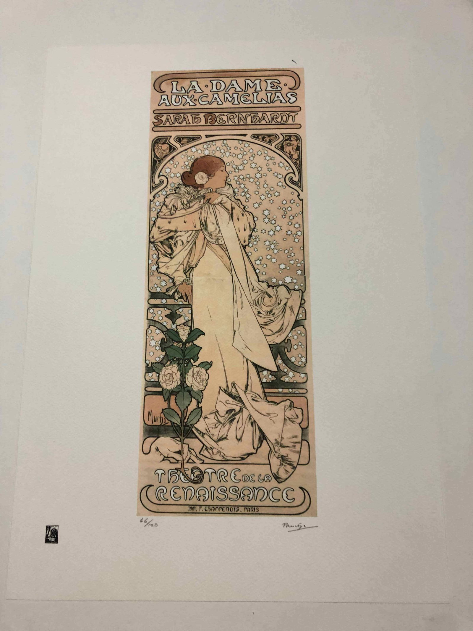 Alphonse Mucha litografia cm 50x70 con certificato: Alphonse Mucha litografia dimensione cm 50x70 timbro impresso LE PALMEcarta francesecertificato di autenticaedizione del 2010firma su lastra in stampaesemplari 100 maxla numerazione al momento della s