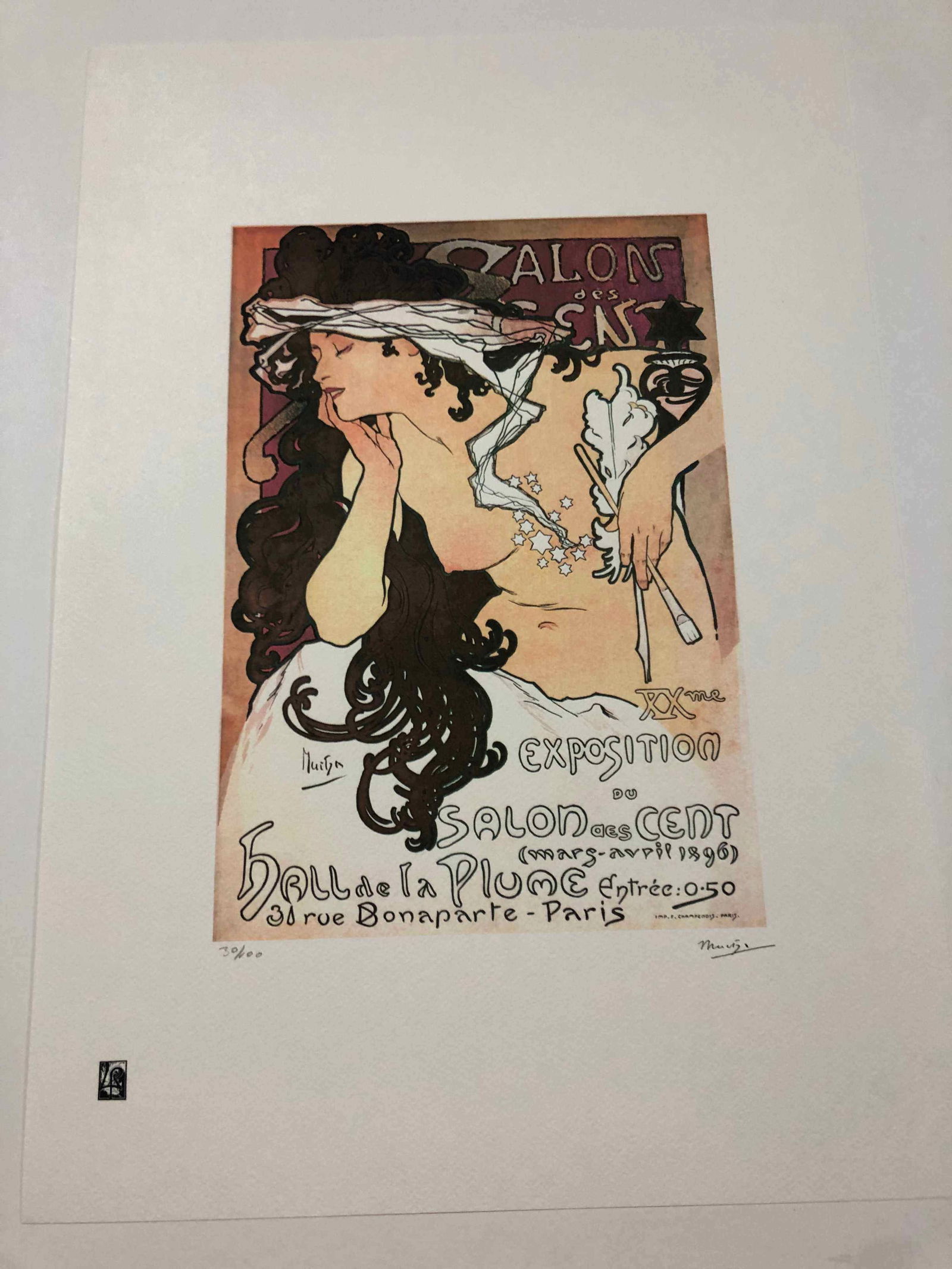 Alphonse Mucha litografia cm 50x70 con certificato: Alphonse Mucha litografia dimensione cm 50x70 timbro impresso LE PALMEcarta francesecertificato di autenticaedizione del 2010firma su lastra in stampaesemplari 100 maxla numerazione al momento della s