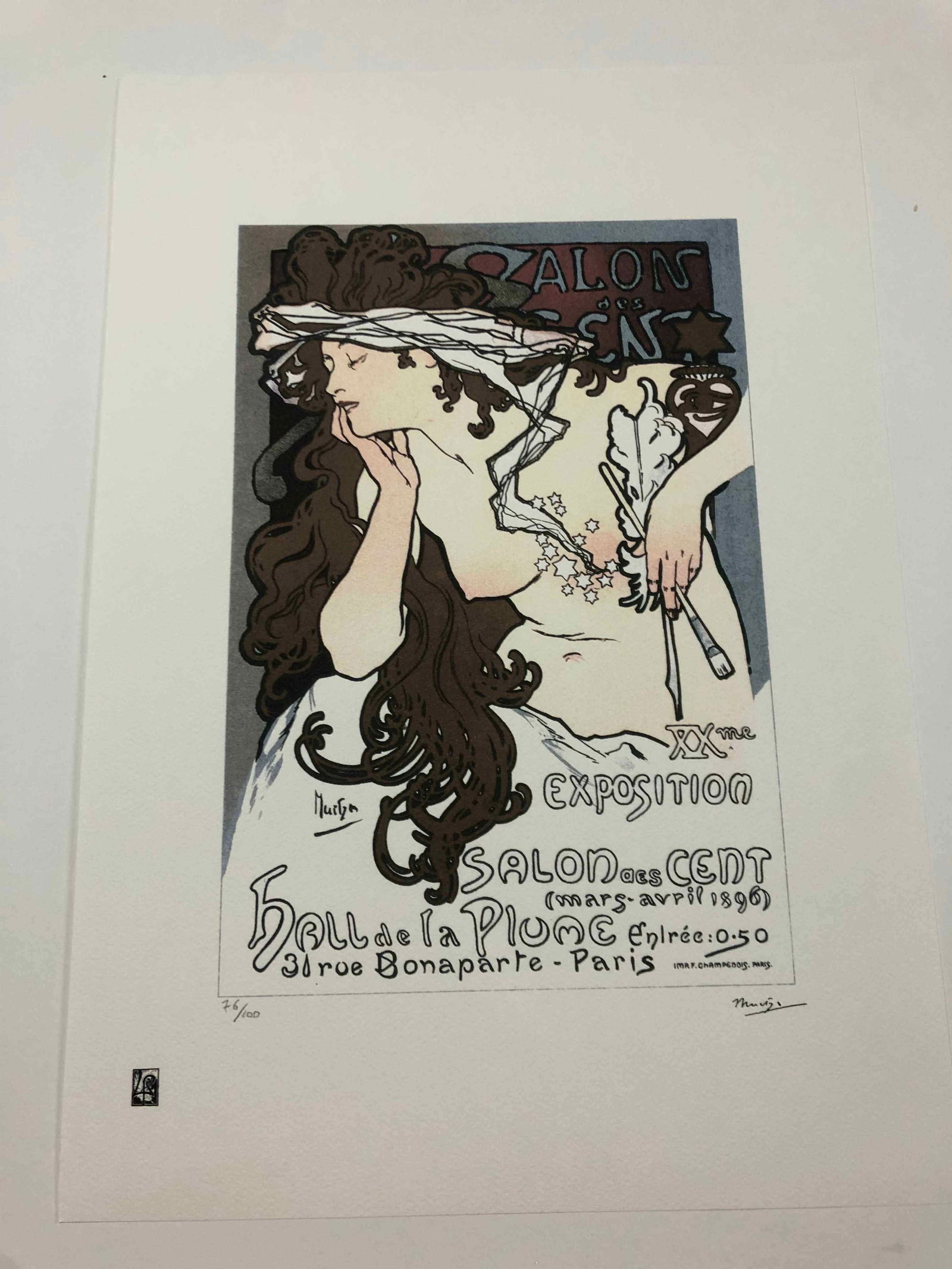 Alphonse Mucha litografia cm 50x70 con certificato: Alphonse Mucha litografia dimensione cm 50x70 timbro impresso LE PALMEcarta francesecertificato di autenticaedizione del 2010firma su lastra in stampaesemplari 100 maxla numerazione al momento della s