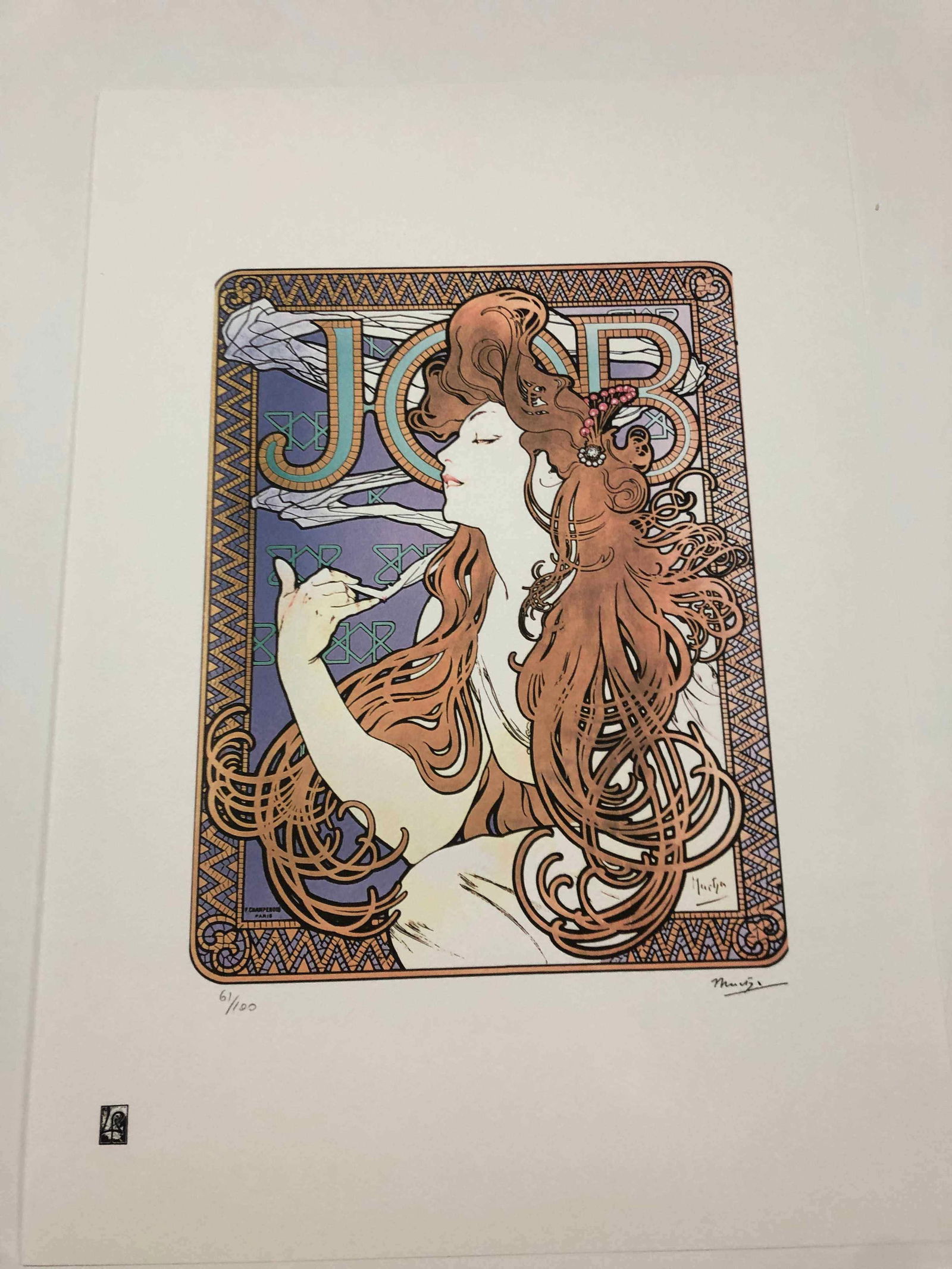 Alphonse Mucha litografia cm 50x70 con certificato: Alphonse Mucha litografia dimensione cm 50x70 timbro impresso LE PALMEcarta francesecertificato di autenticaedizione del 2010firma su lastra in stampaesemplari 100 maxla numerazione al momento della s