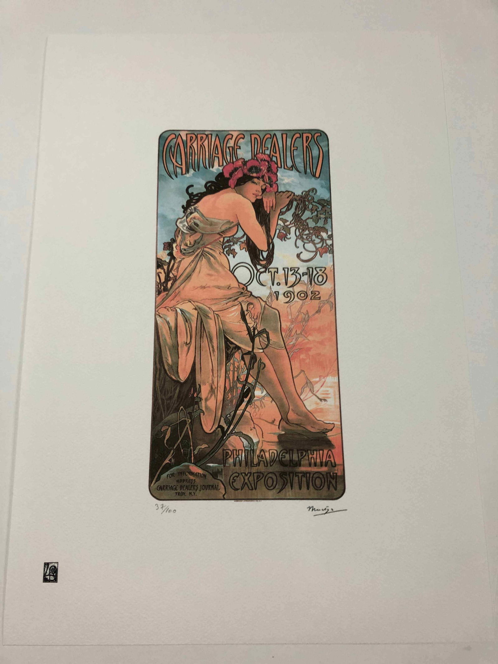 Alphonse Mucha litografia cm 50x70 con certificato: Alphonse Mucha litografia dimensione cm 50x70 timbro impresso LE PALMEcarta francesecertificato di autenticaedizione del 2010firma su lastra in stampaesemplari 100 maxla numerazione al momento della s