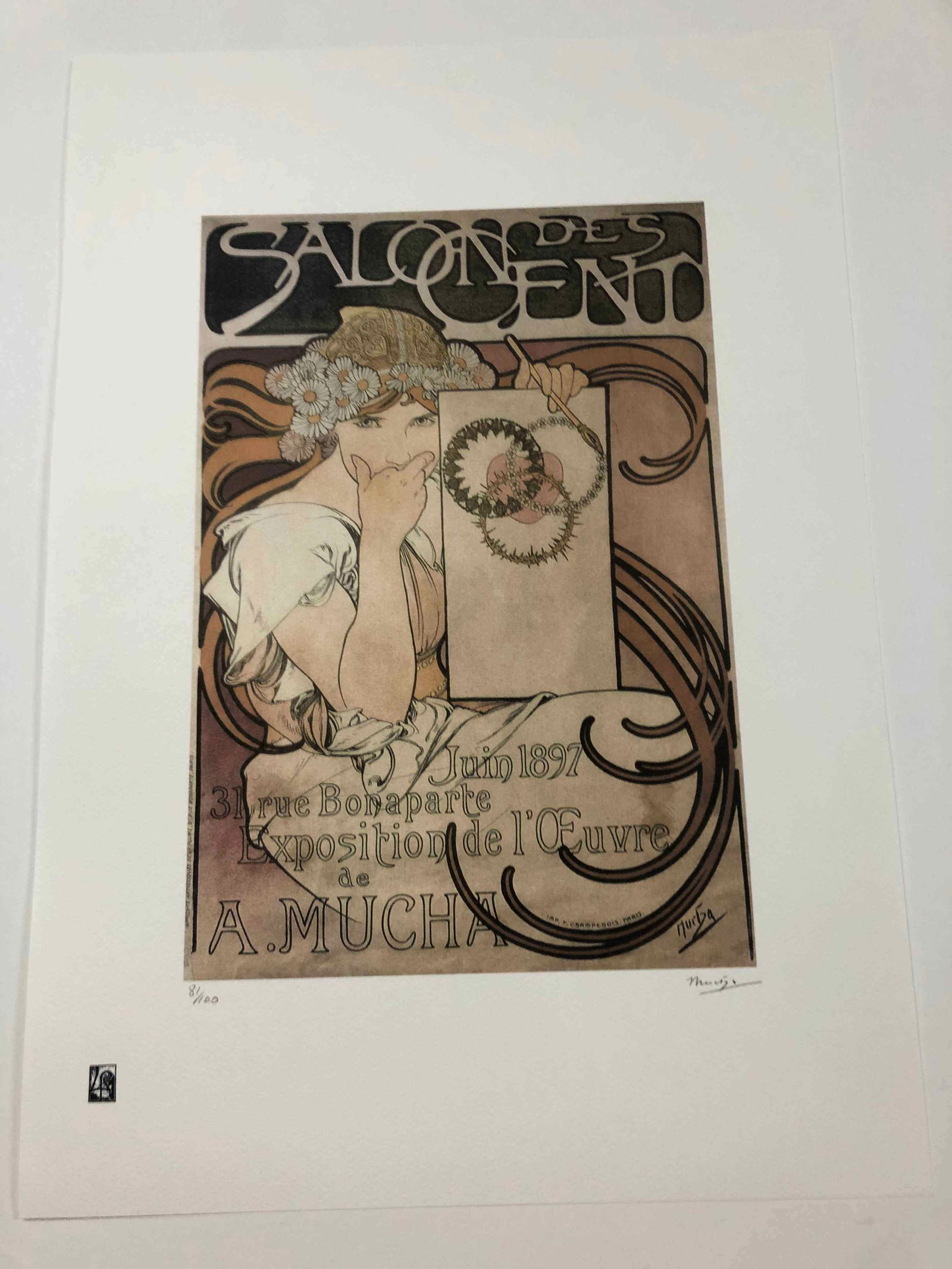 Alphonse Mucha litografia cm 50x70 con certificato: Alphonse Mucha litografia dimensione cm 50x70 timbro impresso LE PALMEcarta francesecertificato di autenticaedizione del 2010firma su lastra in stampaesemplari 100 maxla numerazione al momento della s