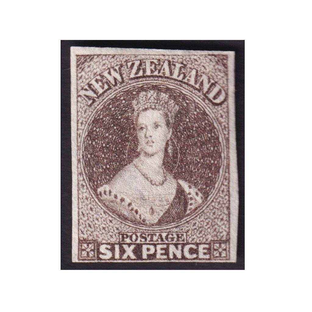 1855-62 IMPERF FULL FACE QUEENS: 6d Black-Brown Large Star Watermark CP A5b(1) SG 41 Mint No Gum with 4 Close to Good Margins. Has a light vertical crease. CP Cat $5000 (1)