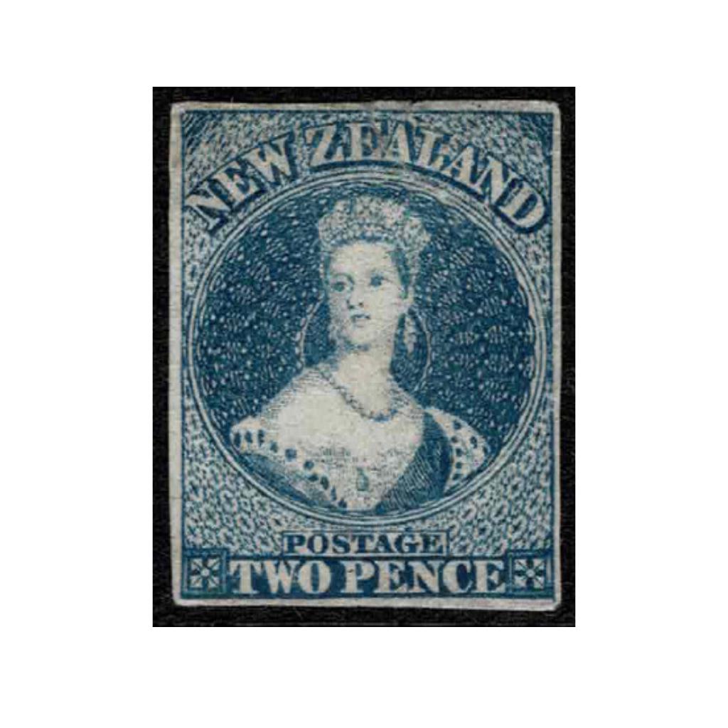 1855-62 IMPERF FULL FACE QUEENS: Country: NEW ZEALAND STAMPS Description: 2d Deep Blue No Watermark SG 11/CP A2c(4) Mint No Gum with 4 Margins. Has a slight tear at the top. Scarce shade. SG Cat Â£2250/CP Cat $4000 (1)