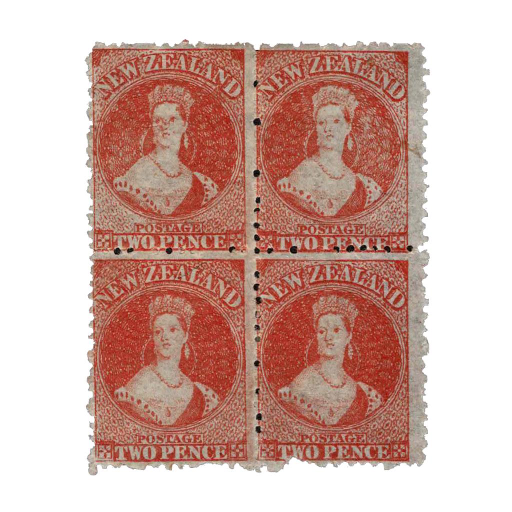 1862-73 PERF FULL FACE QUEENS: Country: NEW ZEALAND STAMPS Description: 2d Vermilion P12 1/2 No Watermark SG 138/CP A2t Block of 4 from Rows 19 &20 Noâ€™s 11 & 12 Mint with gum. Faint gum creases otherwise a nice m