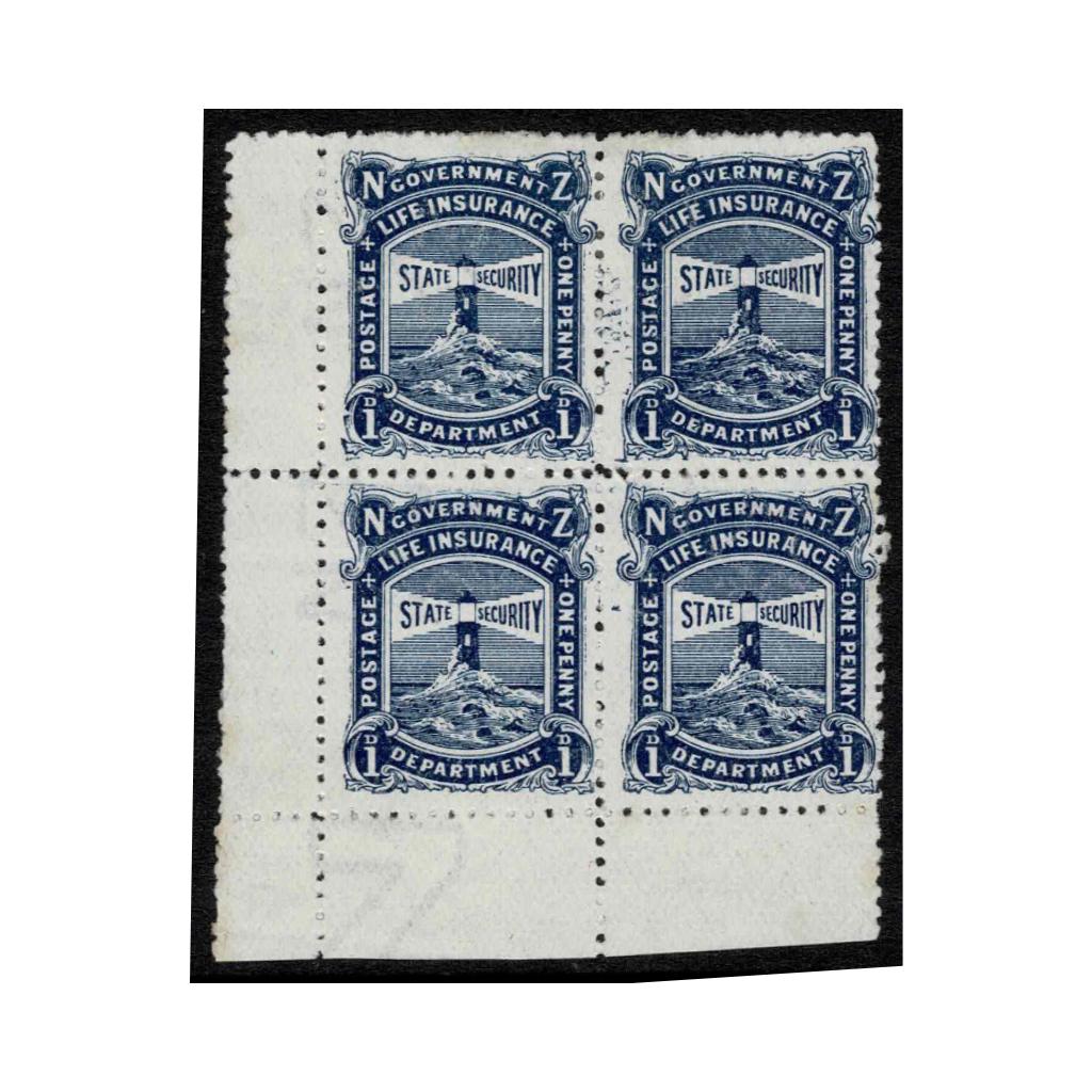 LIFE INSURANCE: Country: NEW ZEALAND STAMPS Description: 1905/06 1d Blue No VR SG L22/CP X8a in a Bottom Left-hand Selvedge Block of 4 Mint No Gum. CP Cat $3000 (4)