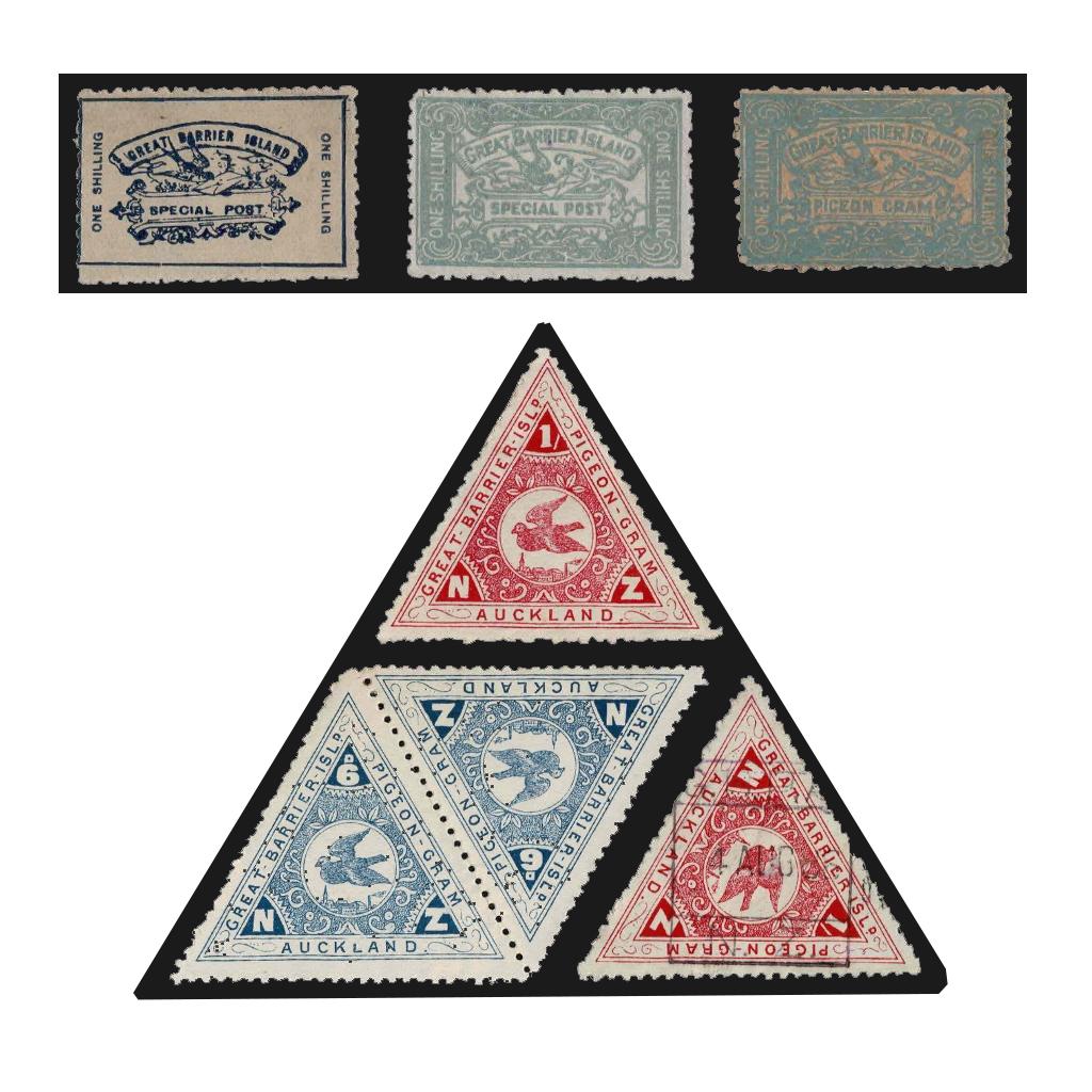 PIGEON POST: Country: NEW ZEALAND STAMPS Description: 1898/99 1/- Original Design VP1 Mint with part gum, 1/- Special Post VP2 Mint Hinged, 1/- Pigeongram VP 4 Mint with a paper hinge, 6d Blue Triangle VP 7 Mint P