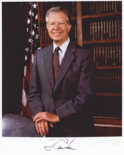 Jimmy Carter Autographed 8 x 10" Official Portrait Photograph: Jimmy Carter autographed 8 x 10" semi-gloss photograph. Carter has signed this modern photograph in bold black ink in the lower border. Fine condition. Authentication: Includes a full