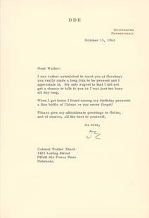 Dwight Eisenhower Autographed Letter from October 15, 1964: Dwight Eisenhower authentic autographed letter dated October 15, 1963. Letter is hand-signed by Eisenhower in bold black felt tip with his initials "D.E."The letter was sent to Colonel Walter Tkach