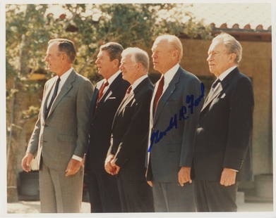 Gerald Ford Autographed 8 x 10" Photograph of the Five Presidents: Gerald Ford autographed 8 x 10" glossy photograph. Ford has signed this modern photograph in bold blue felt tip marker. Fine condition. Authentication: Includes a full letter of