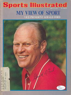 Gerald Ford Autographed Full 1974 Sports Illustrated "My View of Sport" Issue: Gerald Ford authentic autographed July 8, 1974 full issue of Sports Illustrated magazine titled "My View of Sport - Vice-President General Ford." Cover is hand-signed in bold blue felt tip by