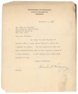 Herbert Hoover Autographed Letter from November 1, 1923 on Department of Commerce Letterhead: Herbert Hoover authentic autographed letter dated November 1, 1923. Letter is hand-signed in full at the conclusion by Hoover in black felt tip.Hoover sends his recommendation of Edward F. Trefz who