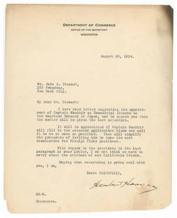 Herbert Hoover Autographed Letter from August 26, 1924 on Department of Commerce Letterhead: Herbert Hoover authentic autographed letter dated August 26, 1924. Letter is hand-signed in full at the conclusion by Hoover in bold black felt tip.Hoover writes to Mr. John A. Stewart in response to