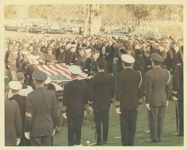 John F. Kennedy's Funeral - Jackie & Flag Covered Casket - Original Cecil Stoughton First-Generation: Cecil Stoughton original first-generation 8 x 10" glossy photograph from John F. Kennedy's November 25, 1963 funeral. The photograph features Jackie Kennedy along with fellow family members and