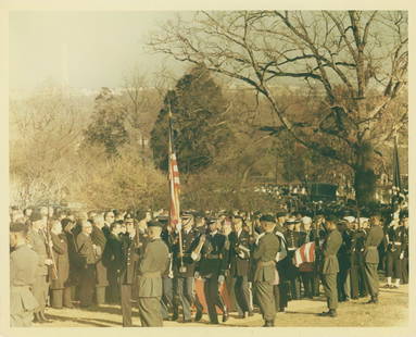 John F. Kennedy's Funeral - JFK's Flag-Covered Casket - Original Cecil Stoughton First-Generation 8: Cecil Stoughton original first-generation 8 x 10" glossy photograph from John F. Kennedy's November 25, 1963 funeral. The photograph features JFK's flag-covered casket being carried by pallbearers