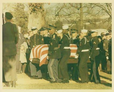 John F. Kennedy's Funeral - JFK's Flag-Covered Casket - Original Cecil Stoughton First-Generation 8: Cecil Stoughton original first-generation 8 x 10" glossy photograph from John F. Kennedy's November 25, 1963 funeral. The photograph features JFK's flag-covered casket being carried by pallbearers