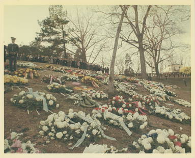 John F. Kennedy's Funeral - Wreath Covered Hill at Arlington Cemetary - Original Cecil Stoughton: Cecil Stoughton original first-generation 8 x 10" glossy photograph from John F. Kennedy's November 25, 1963 funeral. The photograph features a wreath-covered hill at Arlington Cemetary..In fine