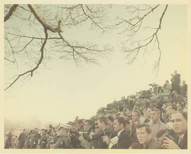 John F. Kennedy's Funeral Press Pool - Original Cecil Stoughton First-Generation Double-Weight 8 x: Cecil Stoughton original first-generation 8 x 10" glossy photograph from John F. Kennedy's November 25, 1963 funeral. The photograph features the large international press pool present at the funeral