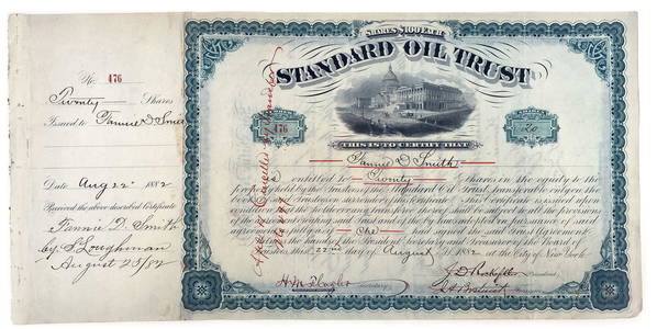 Standard Oil Trust  1882 Stock Certificate Autographed by John D. Rockefeller, Henry Flagler & Jabez