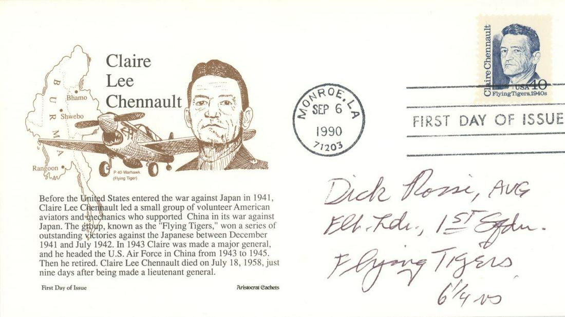 Dick Rossi - World War II Fighter Ace: Flying Tigers - Autographed First Day Postal Cover: Dick Rossi autographed "Claire Lee Chennault" commemorative first day postal cover. Signed in black ink. In fine condition. Dick Rossi, an ace with six victories as