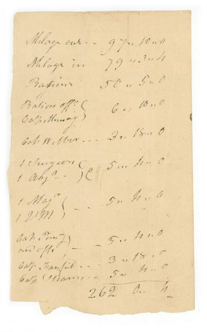 Revolutionary War Document - A Handwritten Payment Request for "Milage out, Milage In, Rations": Revolutionary War document, (no date) a handwritten payment request for "Milage out, Milage In, Rations…”; on verso, payments for "Jon'a Clapp Maj'r" and "Benj'n Clapp QM." The document or