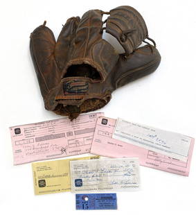 Red Lucas - Cincinnati Reds Hall of Fame - Personally Owned/Used Glove & Ephemera Collection: Details: Red Lucas personal archive including his owned/used Rawlings glove and a small collection of ephemera. The lot includes an autographed check from 1984 along with bank deposit slips both of