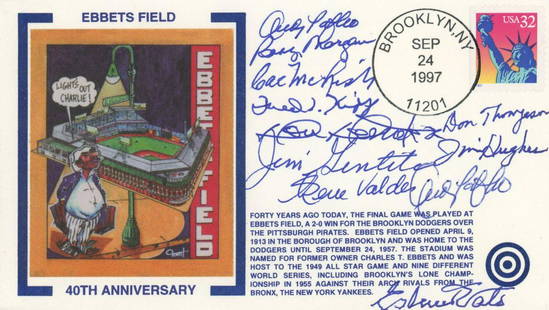 Los Angeles Dodgers Commemorative Postal Cover Autographed by 10 Players: Details: Los Angeles Dodgers; signed by 10: Andy Pafko (signed twice), Bobby Morgan, Cal McLish, Fred Kipp, Don Demeter, Jim Gentile, Don Thompson, Renee Valdes, Jim Hughes and Elmer Valo. Authentic