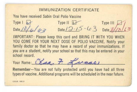 Red Lucas - Cincinnati Reds Hall of Fame - Autographed Personal 1963 Polio Immunization Certificate: Details: Red Lucas autographed Polio Immunization certificate card. Lucas has hand-signed the card in bold blue ballpoint pen "Chas. F. Lucas." The card certified that Lucas received his Polio Type