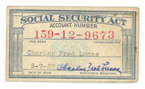 Red Lucas - Cincinnati Reds Hall of Fame - Autographed Personal 1937 Social Security Card: Details: Red Lucas autographed personally owned Social Security card. Lucas has hand-signed the card in bold blue ballpoint pen "Charles Fred Lucas." The card was issued on 5-7-1937. The card