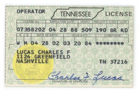 Red Lucas - Cincinnati Reds Hall of Fame - Autographed Personal 1984 Tennessee Drivers License: Details: Red Lucas autographed personally owned Tennessee Drivers License. Lucas has hand-signed the card in bold blue ballpoint pen "Charles F. Lucas." The card was issued on March 20, 1984, and