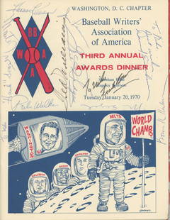 1970 Baseball Writers Association Annual Awards Dinner Autographed by Ted Williams, Gil Hodges,: Details: 1970 Baseball Writers Association Annual Awards Dinner program hand-signed on the cover by 11 attendees. Signers include the following players: Ted Williams, Gil Hodges, Harmon Killebrew,