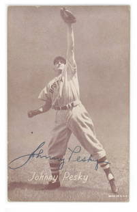 Johnny Pesky Autographed 1947-1966 Exhibit Card: Details: Johnny Pesky autographed 1947-1966 Exhibit card. Authentication: Includes a full letter of authenticity from JG Autographs, Inc. Premium: A 25% Buyers Premium Will Be Added to All