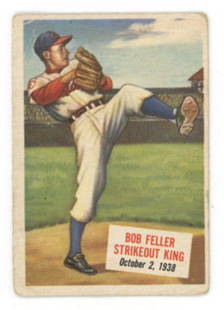 Bob Feller 1954 Topps Scoop Card #27 Without Coating "Bob Feller Strikeout King October 2, 1938": Details: Bob Feller 1954 Topps Scoop card #27. The card has moderate age wear including evenly rounded corners. Perfect as a low-grade display or set filler card. Grade estimate VG 3. 