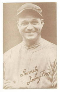 Jimmie Foxx - New York Yankees 1939-1946 Salutations Exhibit Card - High-Grade Condition: Details: Jimmie Foxx 1939-1946 Salutations Exhibit card. In good condition. Ding to the upper corners and an area of paper loss on verso. Authentication: Includes a full letter of authenticity