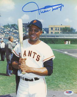 Willie Mays Autographed 8 x 10" San Francisco Giants Photograph: Details: Willie Mays autographed 8 x 10" cardstock photograph. Mays hand-signed in bold blue felt tip marker. The photograph has some scattered surface dings and bends. Includes an affixed PSA/DNA