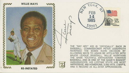 Willie Mays Autographed Commemorative Postal Cover Canceled on February 14th, 1985: Details: Willie Mays autographed commemorative postal cover. Mays hand-signed in bold black ink. In fine condition. Includes an affixed JSA authentication label with a matching COA card and