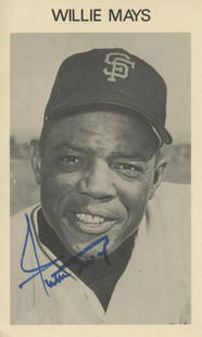 Willie Mays Autographed 4.25 x 7" San Francisco Giants Paper Stock Photograph: Details: Willie Mays autographed 4.25 x 7" paper stock photograph. Mays hand-signed in bold blue felt tip marker. Overall in fine condition. Includes an affixed JSA authentication label on verso