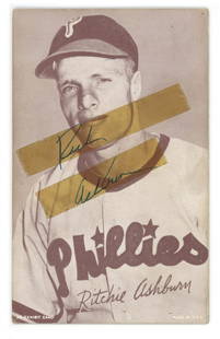 Richie Ashburn Autographed 1947-1966 Exhibit Card: Details: Richie Ashburn autographed 1947-1966 Exhibit card. Authentication: Includes a full letter of authenticity from JG Autographs, Inc. Premium: A 25% Buyers Premium Will Be Added to All