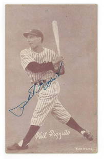 Phil Rizzuto Autographed New York Yankees 1947-1966 Exhibit Card: Details: Phil Rizzuto autographed 1947-1966 Exhibit card. Rizzuto has hand-signed in bold blue ink. Excellent condition with the only subtle age to the corners and some markings on verso. 