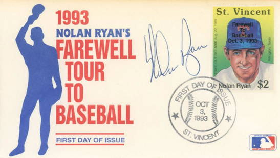 Nolan Ryan Autographed 1993 "Nolan Ryan's Farewell Tour to Baseball" Autographed First Day Cover &: Details: Nolan Ryan autographed First Day Cover. The cover is accompanied by its original presentation folio. Overall fine condition. Authentication: Includes a full letter of authenticity from