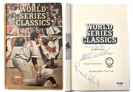 World Series Classics (1973) Autographed by Eddie Mathews, Brooks Robinson & Willie Stargell: Details: "World Series Classics" (1973) hardcover book autographed by Eddie Mathews, Brooks Robinson and Willie Stargell. Each has hand-signed on the title page in bold blue ballpoint pen. Partial