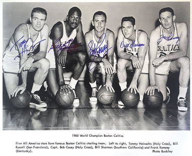 1960 Boston Celtics Autographed 16x20 Photo Hand-Signed by Bill Russell, Bob Cousy, Frank Ramsey,: Details: 1960 Boston Celtics, NBA World Champions, authentic autographed 16x20 glossy photograph. The photograph has been signed by players Bill Russell, Bob Cousy, Frank Ramsey, Bill Sharman and