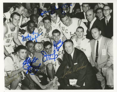 1963–64 UCLA Bruins Championship Team Autographed 8 x 10" by 7 Including John Wooden & Gail: Details: 1963–64 UCLA Bruins Championship Team autographed 8 x 10" glossy photograph. The photograph is signed by John Wooden, Gail Goodrich, Fred Slaughter, Jack Hirsch, Walt Hazzard, Keith